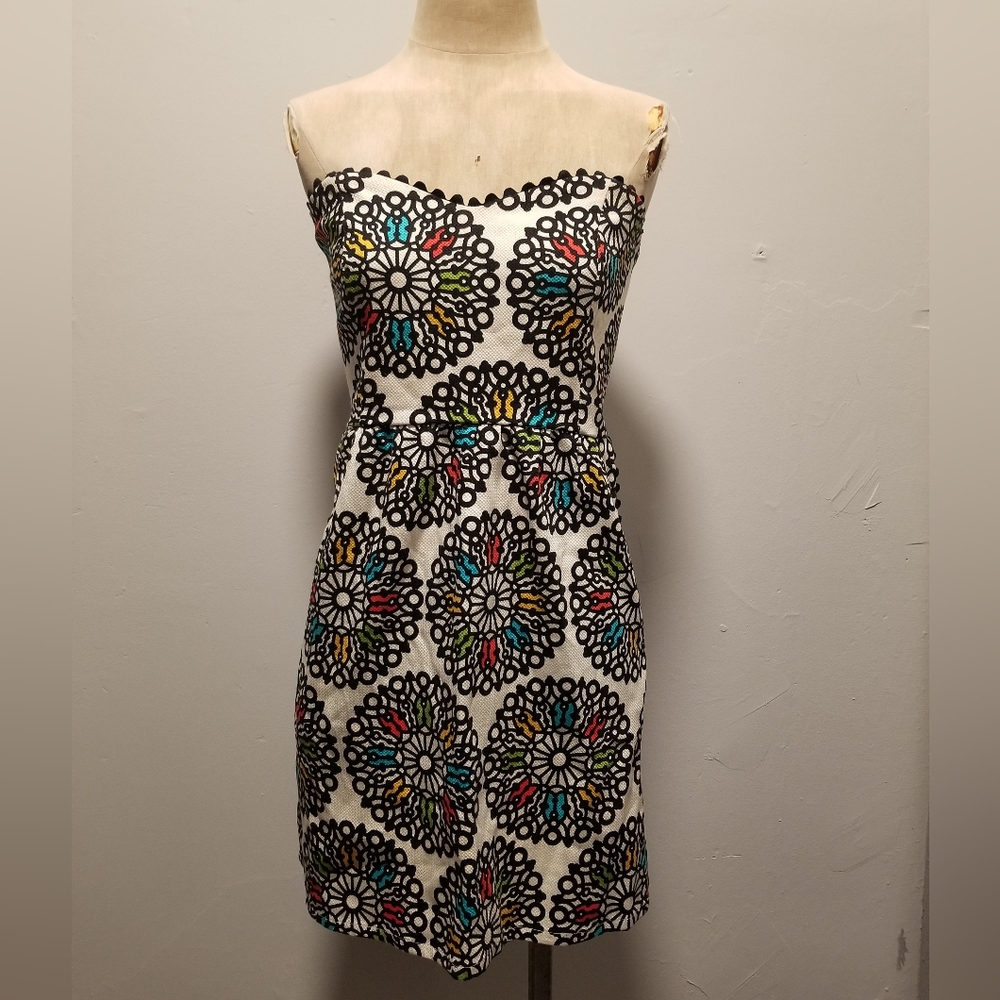 JUDITH MARCH KENTUCKY DEEBY STRAPLESS GEOMETRIC PRINT STRAPLESS BONING PARTY MOD